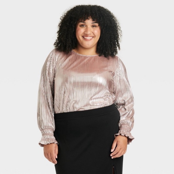 Ava & Viv Champagne Pink Long Sleeve Plisse Pleated Blouse & Ruffle Cuff… - Picture 1 of 10